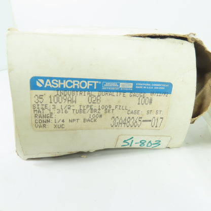 Ashcroft 3GA48365-017 1009AW Industrial Duralife Pressure Gauge 100psi 1/4 NPT
