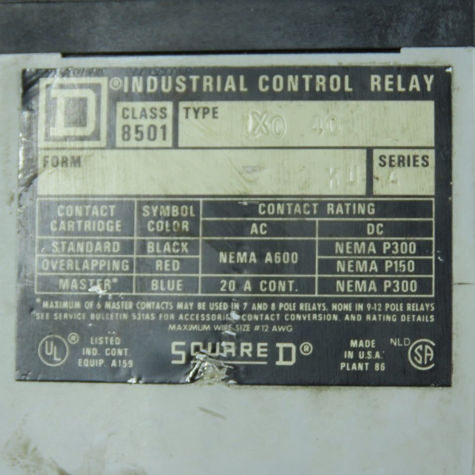 Square D 8501 XO 40 Industrial Control Relay 120VAC 20A