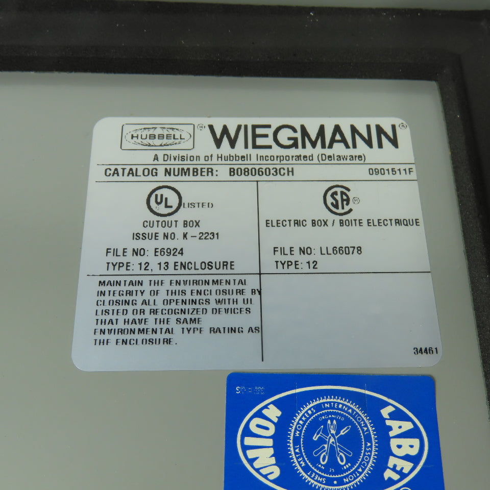 Wiegmann B080603CH NEMA 12 13 JIC Electrical Enclosure 8" x 6" x 4" NEW