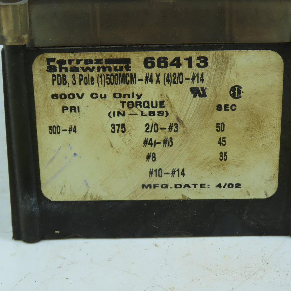 Ferraz Shawmut 66413 3-Pole Power Distribution Block 600V