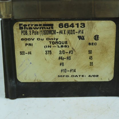 Ferraz Shawmut 66413 3-Pole Power Distribution Block 600V