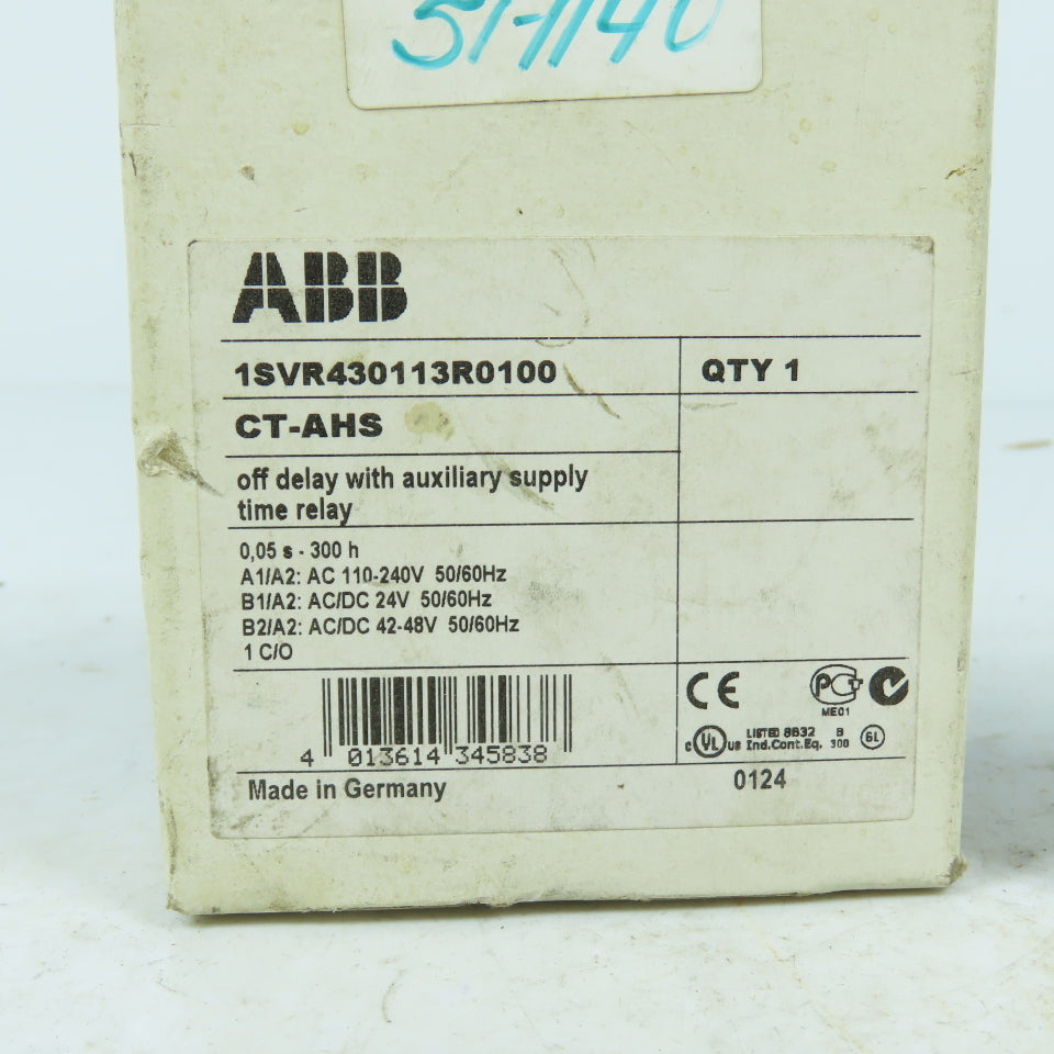 ABB CT-AHS 1SVR430113R0100 Off Delay Auxiliary Supply Time Relay 110-240VAC