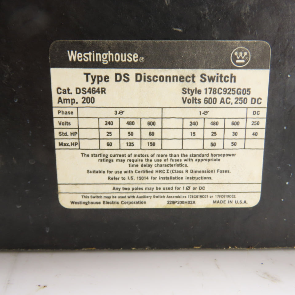 Westinghouse DS464R 200A Non Fusible Safety Disconnect Switch 600VAC 250VDC