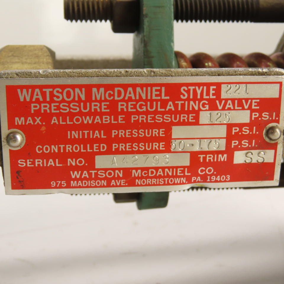 Watson McDaniel Style 221 Pressure Regulating Valve 125 PSI Max 50-175 PSI 1-7/8