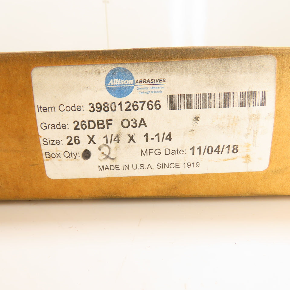Allison 3980126766 26" x 1/4" x 1-1/4" Abrasive Cut-Off Wheels Grade 26DBF Lot/2