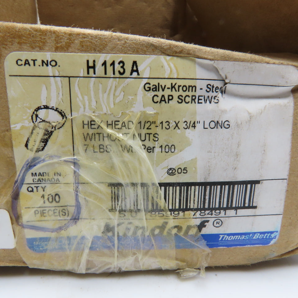 Kindorf H 113 A Hex Head Cap Screws 1/2"-13 x 3/4" Long Steel Lot Of 100