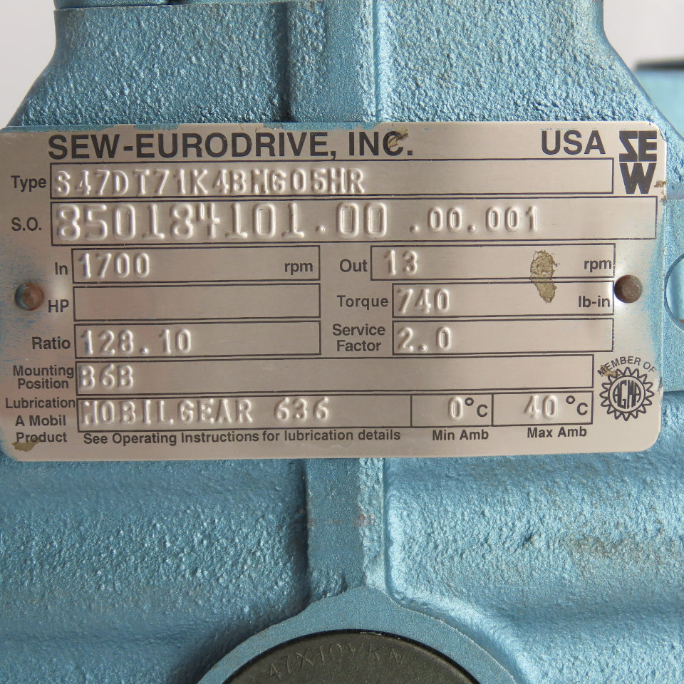 SEW S47DT71K4BMG05HR 0.25HP Right Angle Gear Motor 128.10 Ratio 13RPM 230/460V