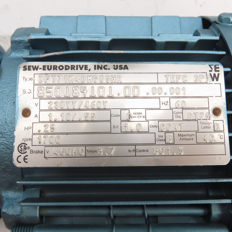 SEW S47DT71K4BMG05HR 0.25HP Right Angle Gear Motor 128.10 Ratio 13RPM 230/460V