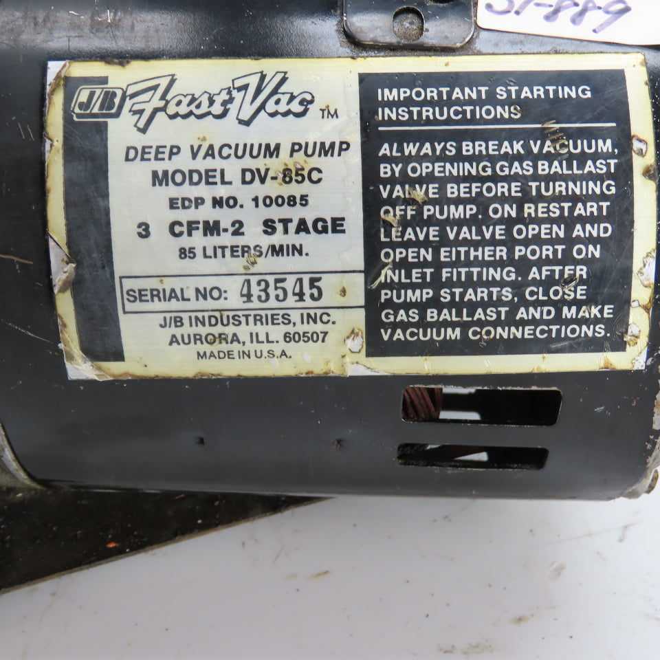 J/B Industries 10085 DV-85C Deep Vacuum Pump 3 CFM 2-Stage 1/3HP 115V
