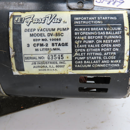 J/B Industries 10085 DV-85C Deep Vacuum Pump 3 CFM 2-Stage 1/3HP 115V