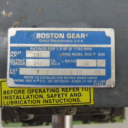Boston F713-30-B5-G-T3 1/4HP Gearmotor 208-230/460V 30:1 Ratio 240 Torque 58RPM