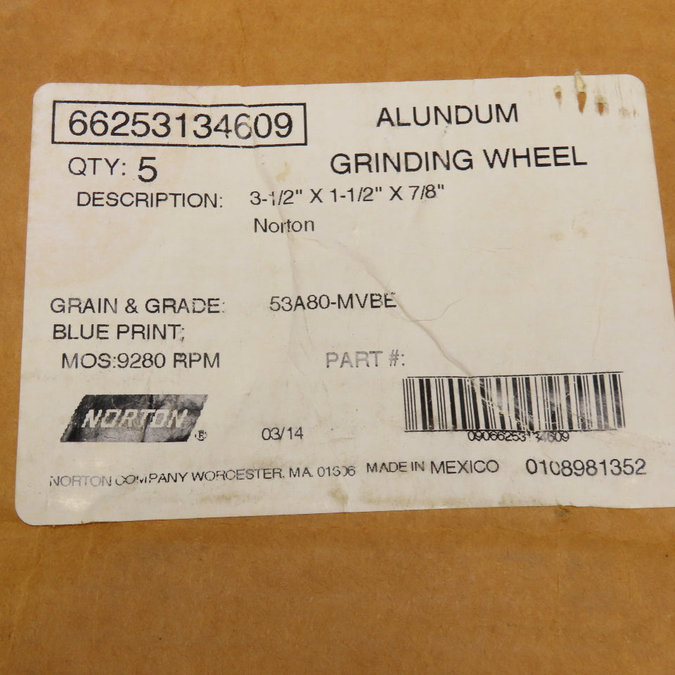 Norton 66253134609 Alundum Grinding Wheels 3-1/2" x 1-1/2" x 7/8" 53A80-MVBE