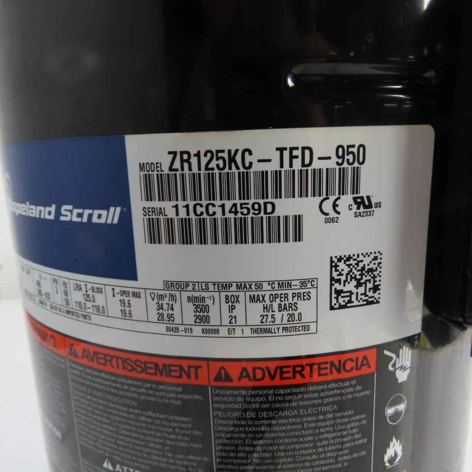 Copeland ZR125KC-TFD-950 Scroll Refrigeration Compressor 10-Ton 460V 3Ph Tested