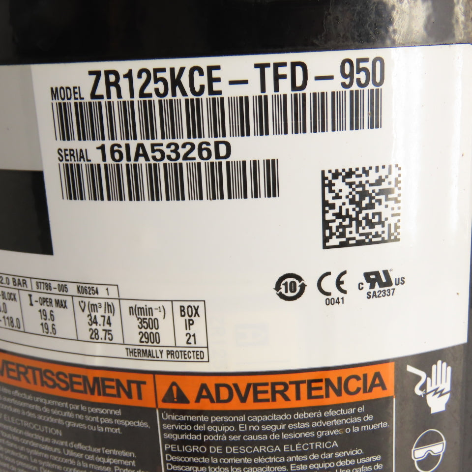 Copeland ZR125KCE-TFD-950 10HP Scroll Compressor 460V 3Ph 3500RPM Tested
