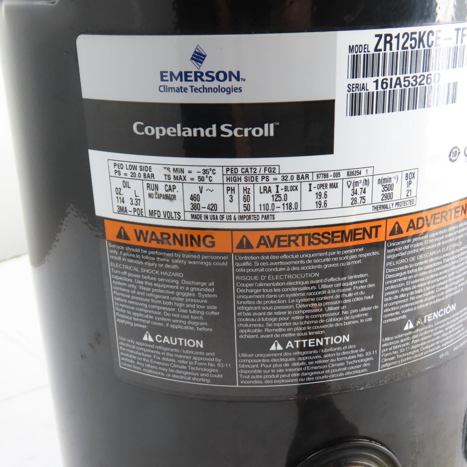 Copeland ZR125KCE-TFD-950 10HP Scroll Compressor 460V 3Ph 3500RPM Tested
