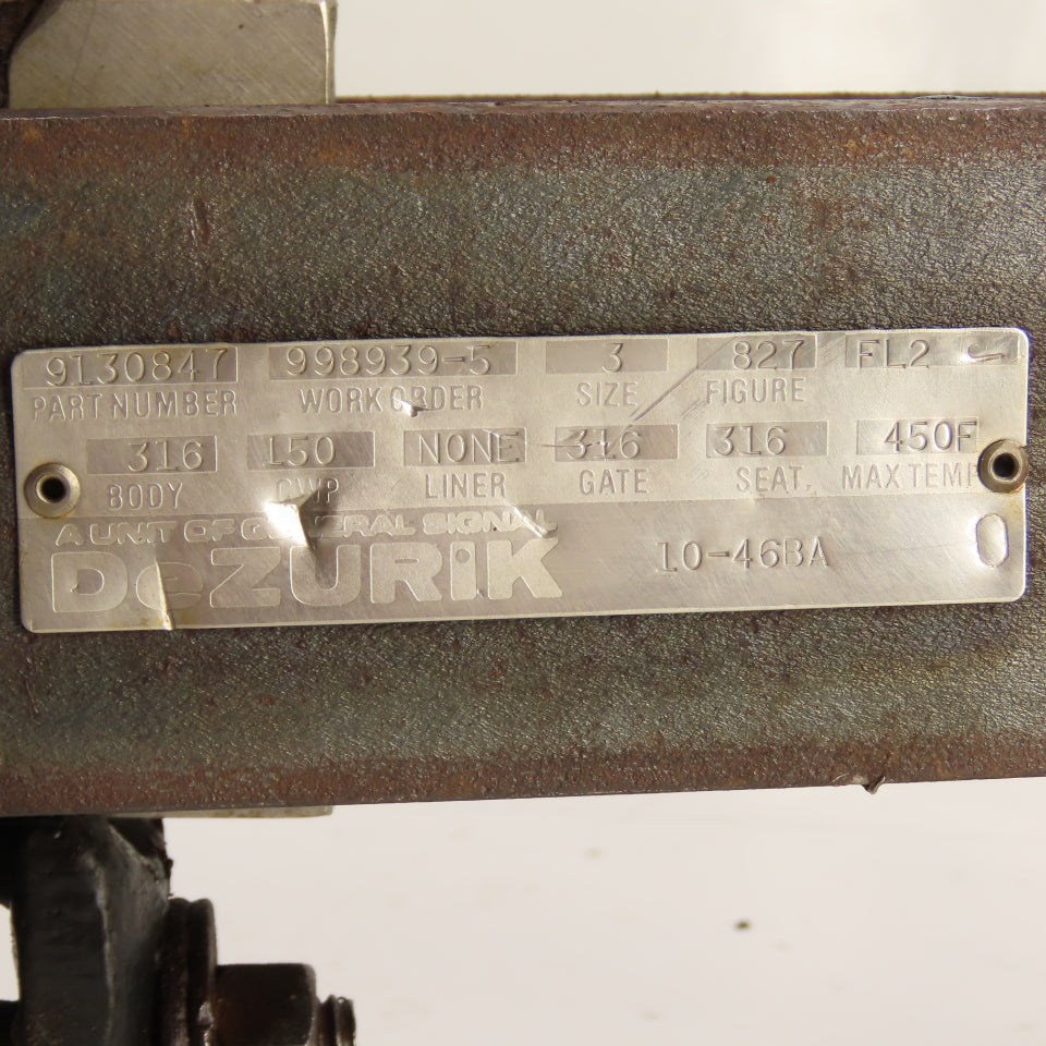 DeZURIK 9130847 827 FL2 3" 316 Stainless Steel Manual Gate Valve 150 CWP 450F