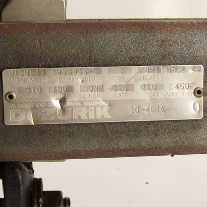 DeZURIK 9130847 827 FL2 3" 316 Stainless Steel Manual Gate Valve 150 CWP 450F