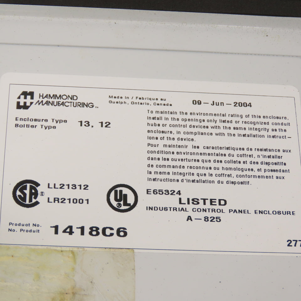 Hammond 1418C6 20" x 16" x 6" Electrical Enclosure W/Backplate NEMA 12/13