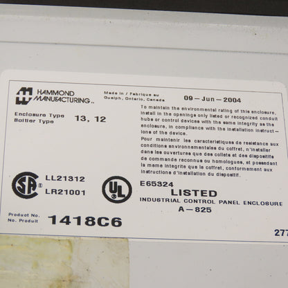 Hammond 1418C6 20" x 16" x 6" Electrical Enclosure W/Backplate NEMA 12/13