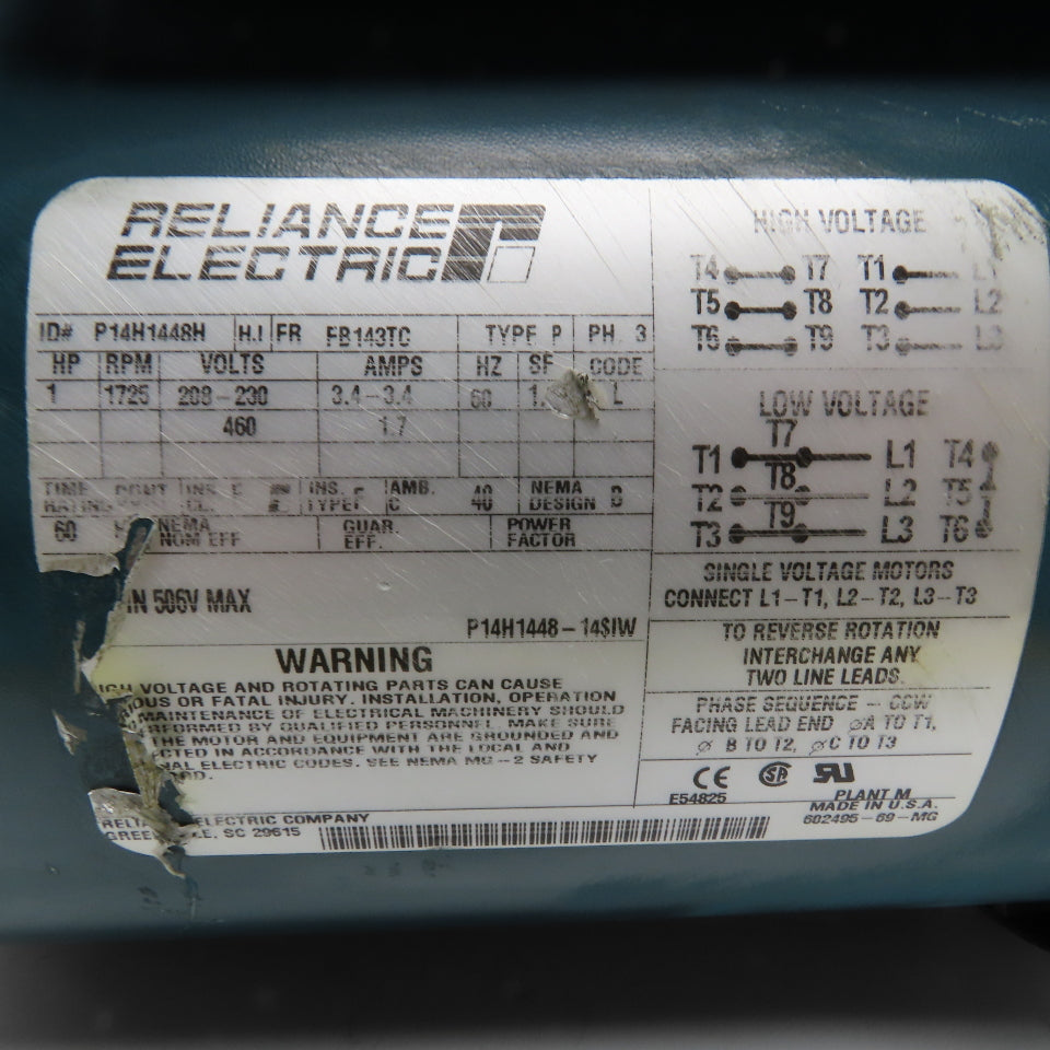 Reliance Electric P14H1448H 1HP Electric Motor 230/460V 3Ph 1725RPM 143TC Frame