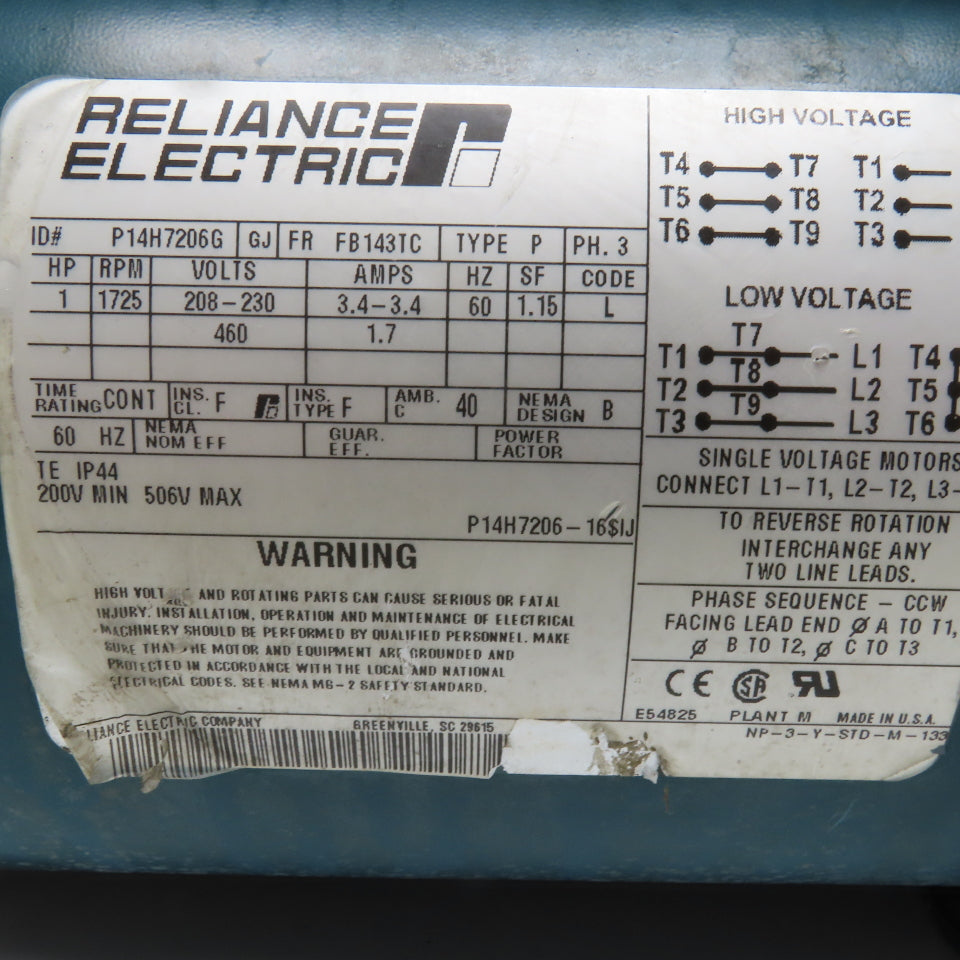 Reliance Electric P14H7206G 1HP Electric Brake Motor 230/460V 3Ph 1725RPM 143TC