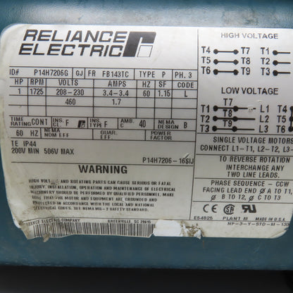 Reliance Electric P14H7206G 1HP Electric Brake Motor 230/460V 3Ph 1725RPM 143TC