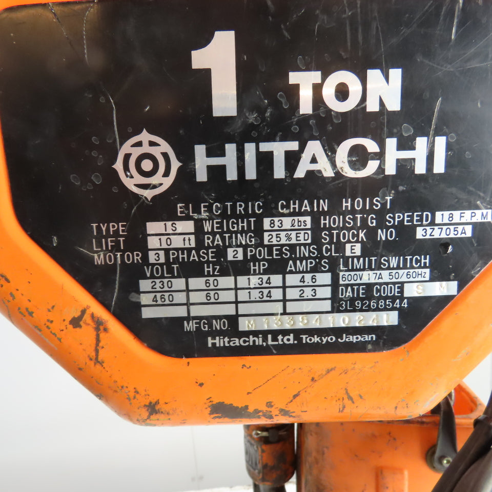 Hitachi 1S 1 Ton Electric Chain Hoist 230/460V 3Ph 10' Lift 18FPM