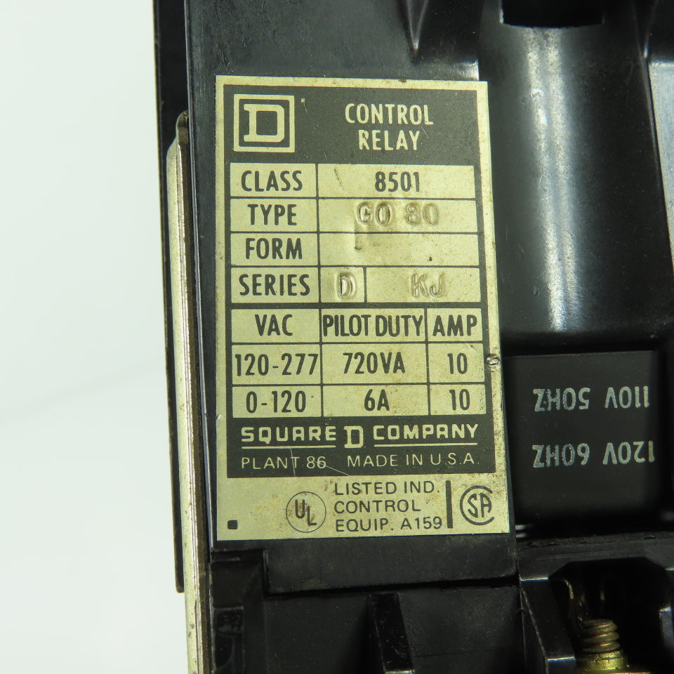 Square D 8501 G080 Control Relay Type GO 80 120/110V Coil 10A
