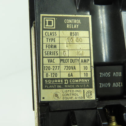 Square D 8501 G080 Control Relay Type GO 80 120/110V Coil 10A