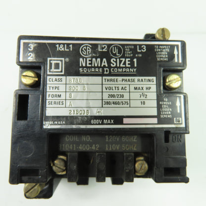 Square D 8736 NEMA Size 1 Magnetic Contactor 3Ph 600V 120V Coil