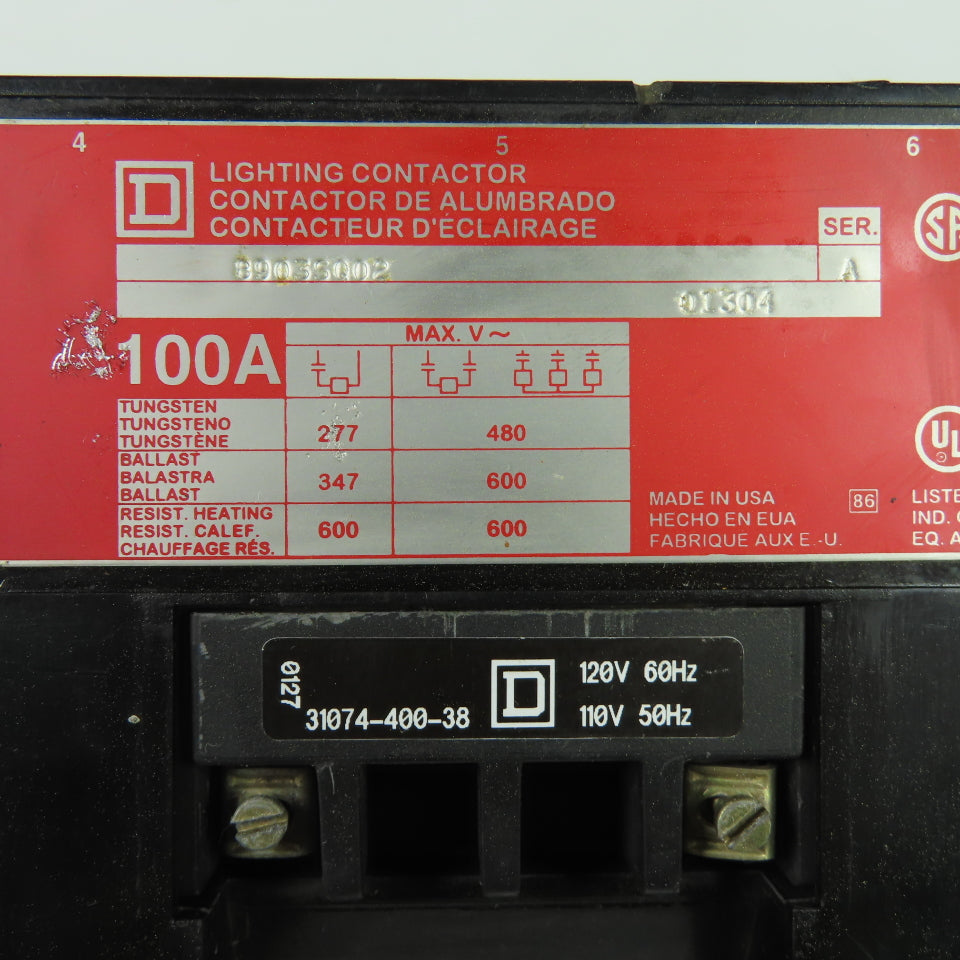 Square D 8903SQO2 100A 3-Pole Lighting Contactor 600V 120V Coil