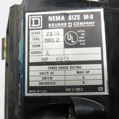 Square D 2510 MBG 2 NEMA Size M-0 Manual Starter 600V Max 3Ph