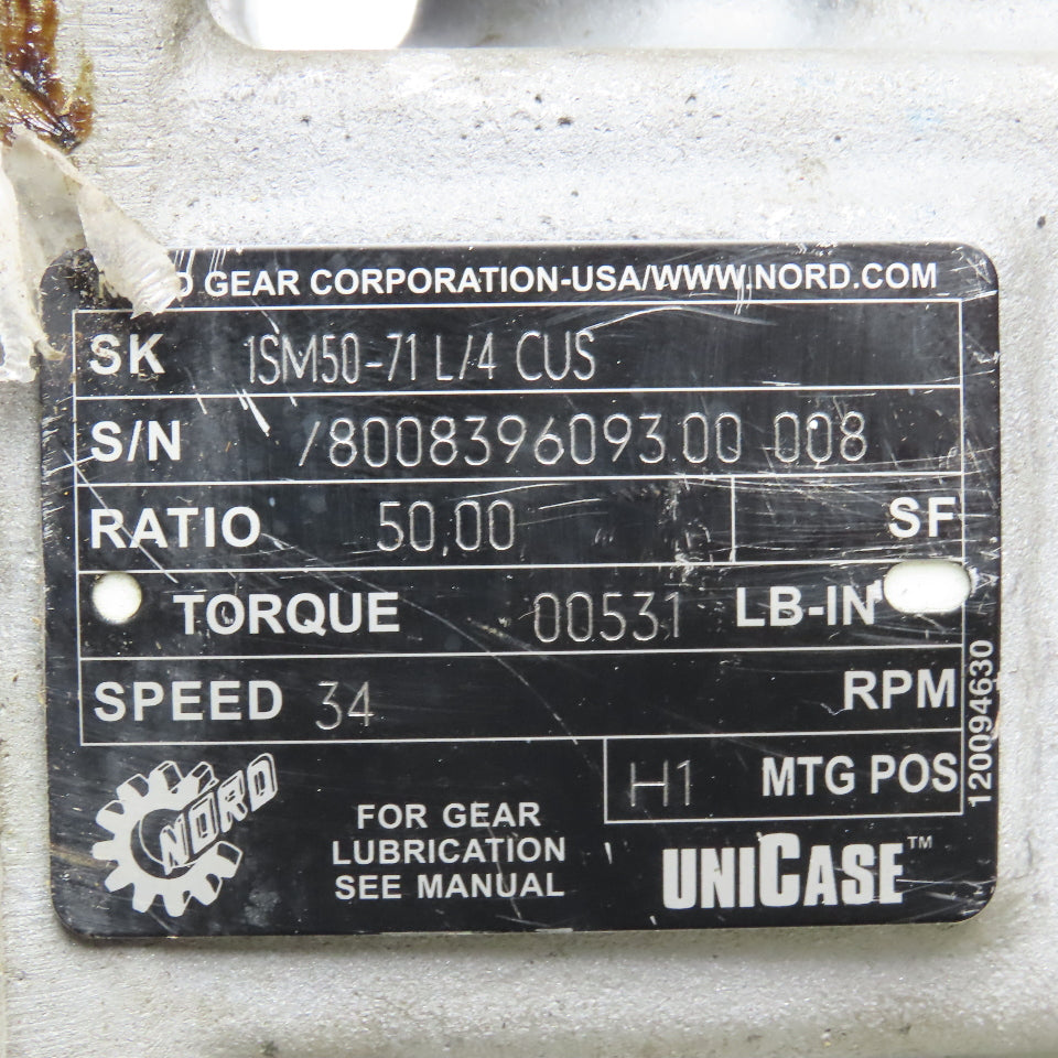 Nord SK 1SM50-71 L/4 CUS Right Angle Gear Reducer 50:1 Ratio 34 RPM
