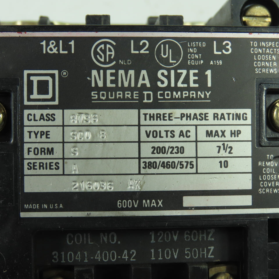 Square D 8736 SCO 8 NEMA Size 1 Magnetic Contactor 600VAC 3Ph