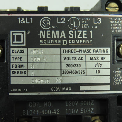 Square D 8736 SCO 8 NEMA Size 1 Magnetic Contactor 600VAC 3Ph