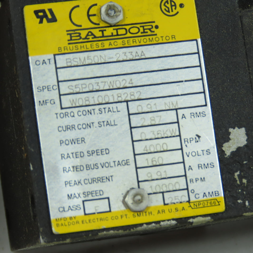 Baldor BSM50N-233AA Brushless AC Servo Motor 0.36kW 4000RPM 160V