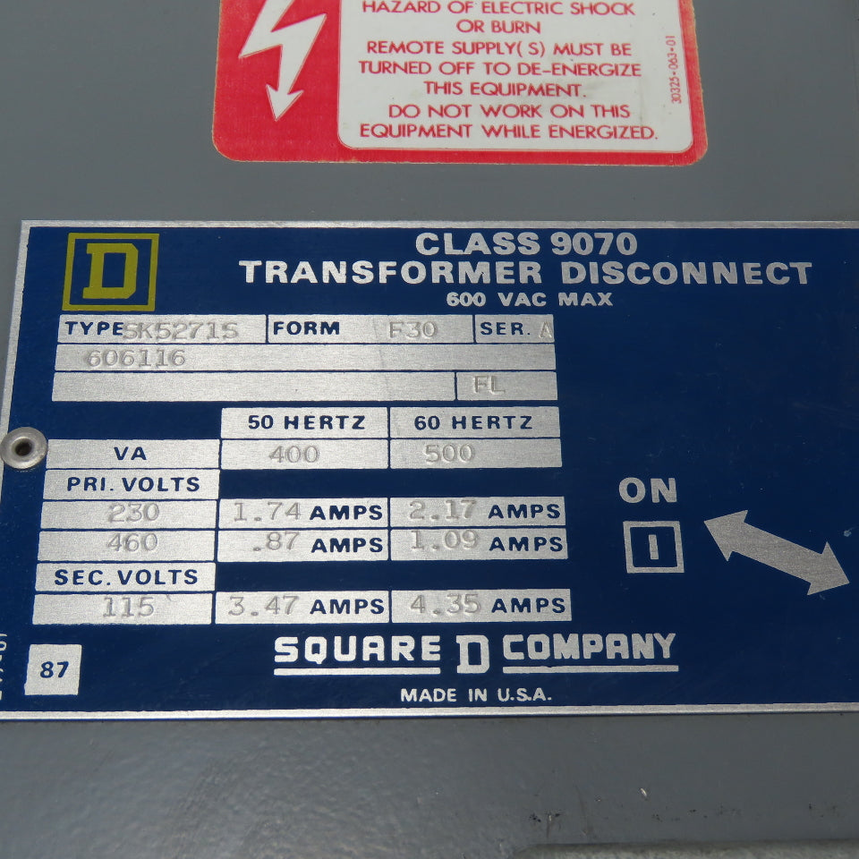 Square D 9070 SK5271S 500VA Transformer Disconnect 230/460V PRI 115V SEC