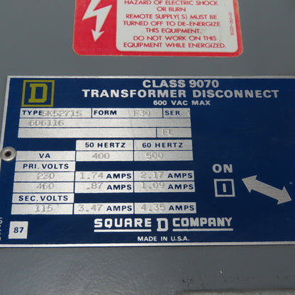 Square D 9070 SK5271S 500VA Transformer Disconnect 230/460V PRI 115V SEC