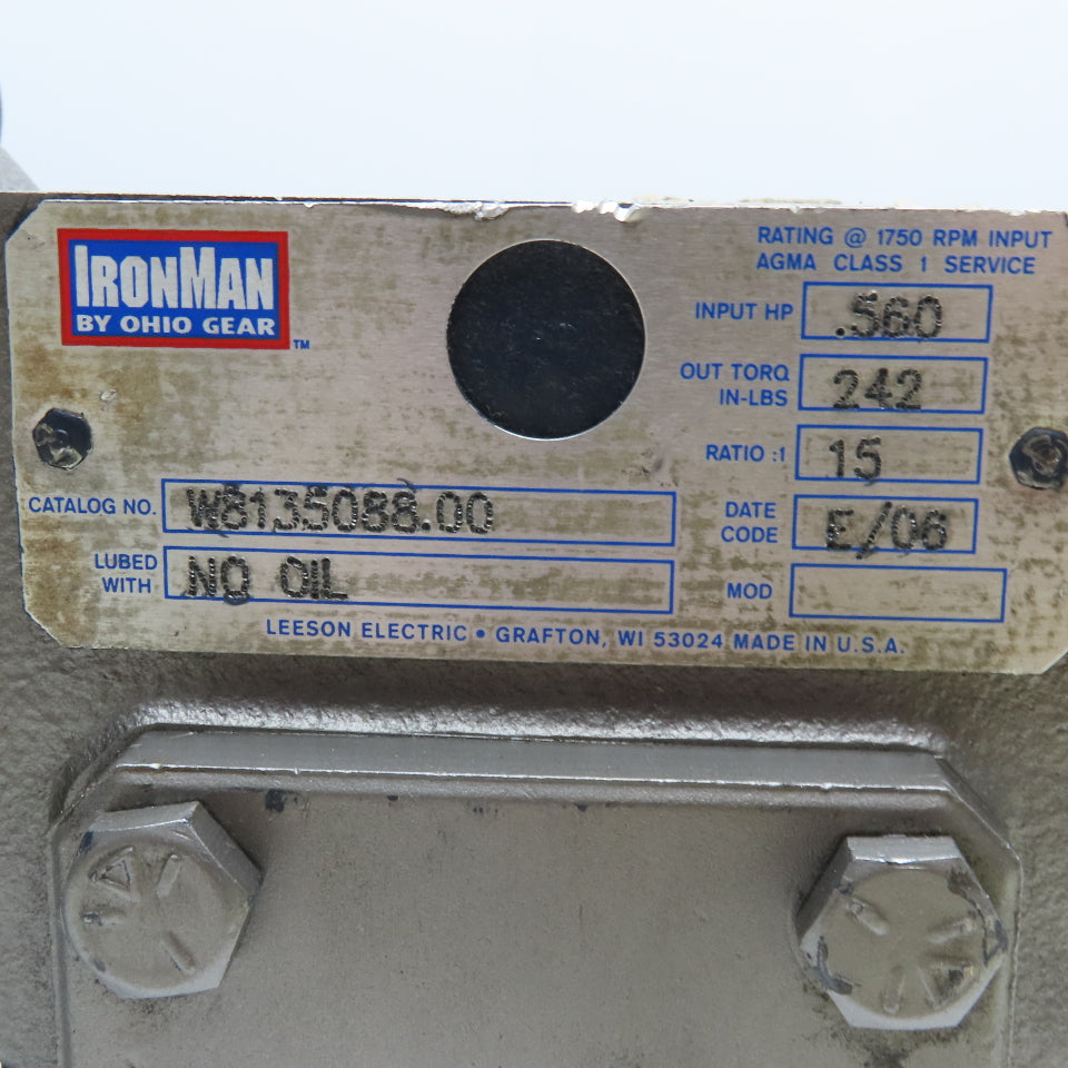 Leeson W8135088.00 Ironman Right Angle Speed Reducer 15:1 Ratio