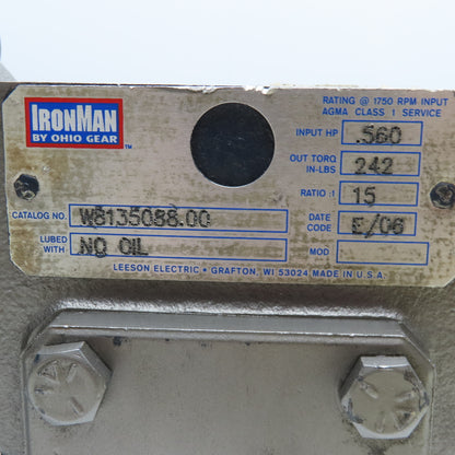 Leeson W8135088.00 Ironman Right Angle Speed Reducer 15:1 Ratio