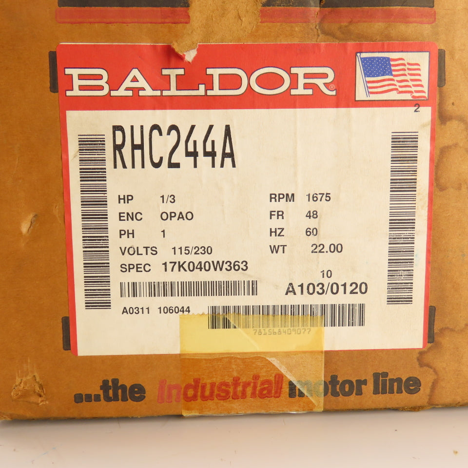 Baldor RHC244A 1/3HP Electric Motor 115/230V 1Ph 1675RPM 48 Fr. NEW