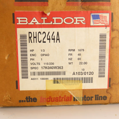Baldor RHC244A 1/3HP Electric Motor 115/230V 1Ph 1675RPM 48 Fr. NEW
