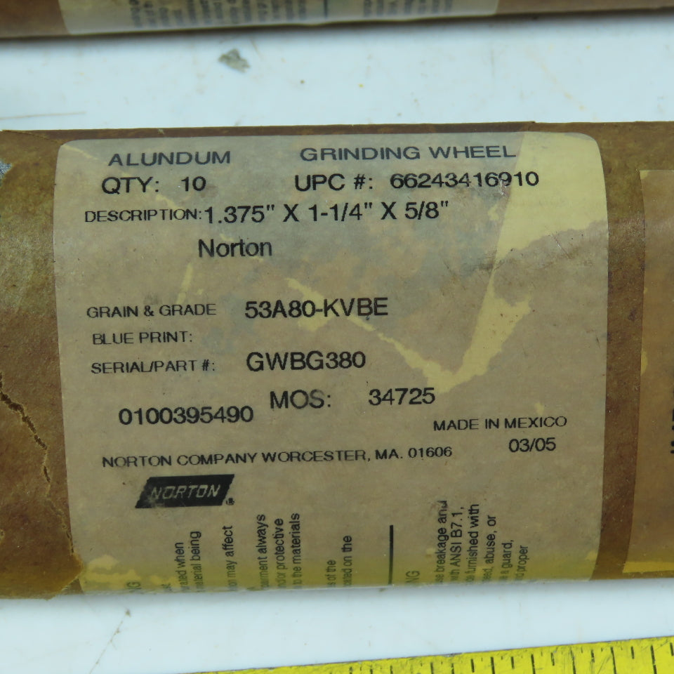 Norton GWBG380 Alundum Grinding Wheel 1.375" x 1-1/4" x 5/8" 53A80-KVBE Lot/20