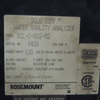 Rosemount Analytical SCL-C-002-M2 Solu Comp Water Quality Analyzer 120V