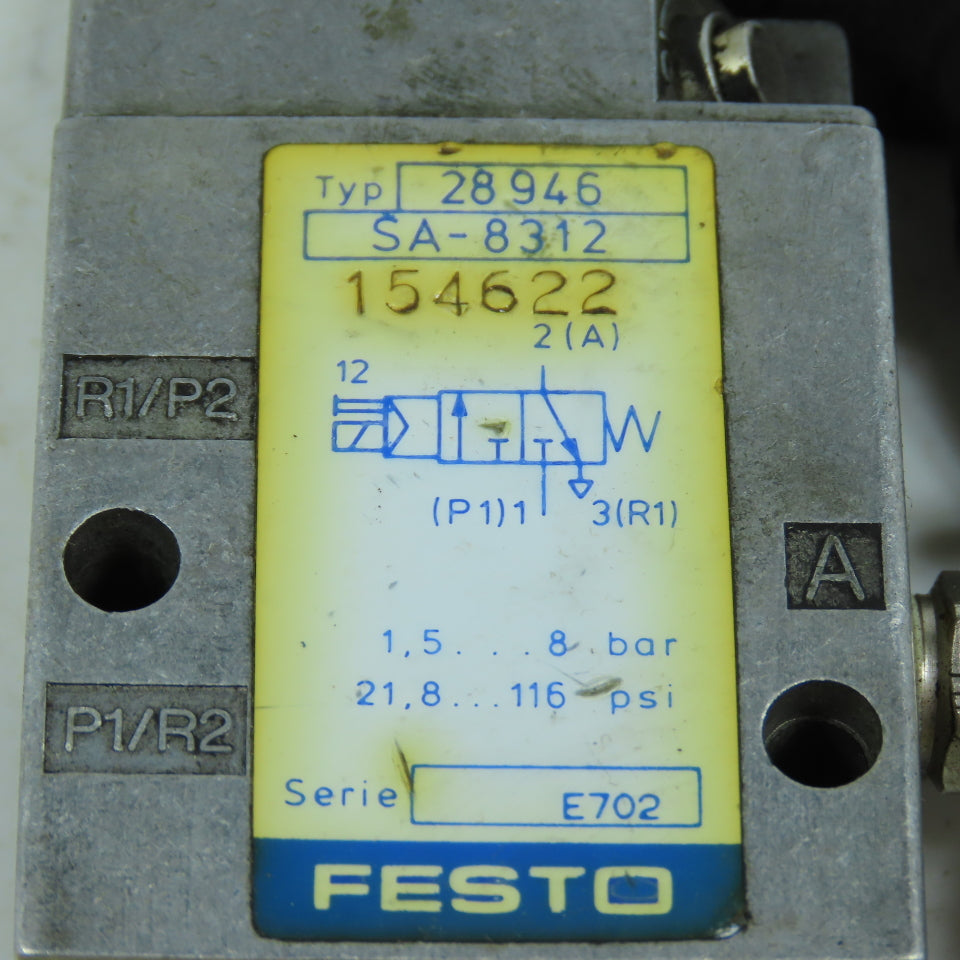 Festo 154622 SA-8312 Pneumatic Solenoid Valve 24VDC 2.5W 116PSI