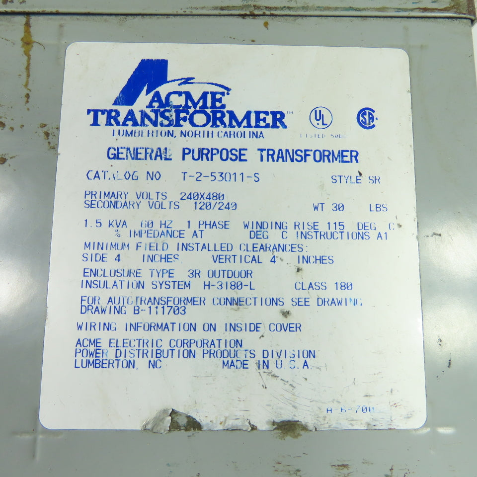 Acme T-2-53011-S 1.5 kVA General Purpose Transformer 240x480V Pri 120/240V Sec