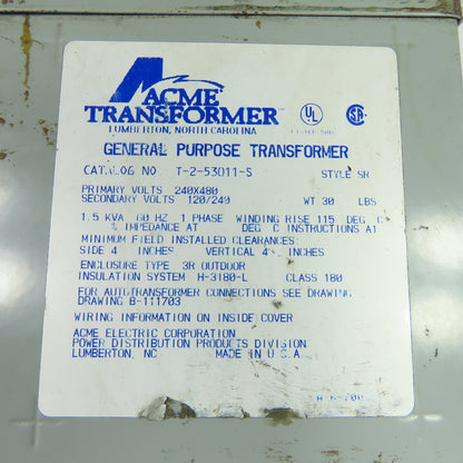 Acme T-2-53011-S 1.5 kVA General Purpose Transformer 240x480V Pri 120/240V Sec