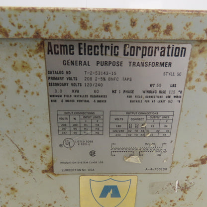 Acme T-2-53143-1S 3 kVA General Purpose Transformer 208V Pri 120/240V Sec 1Ph