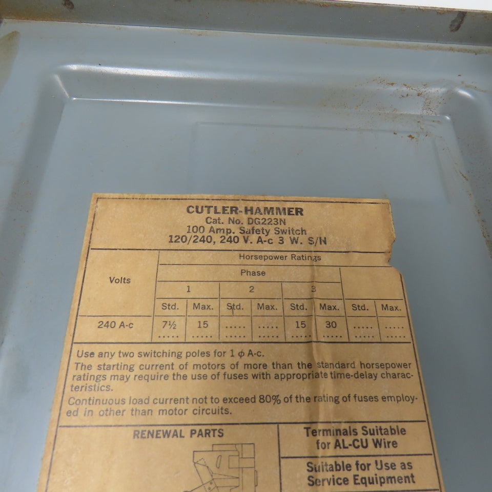 Cutler-Hammer DG223N 100A 3-Pole Fusible Safety Disconnect Switch 240V