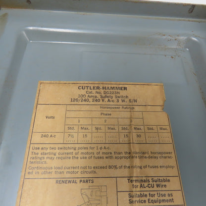 Cutler-Hammer DG223N 100A 3-Pole Fusible Safety Disconnect Switch 240V
